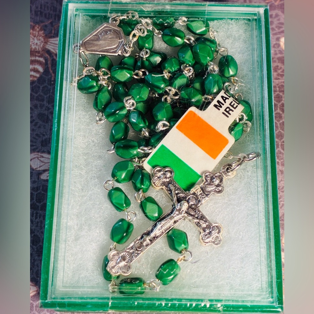 Vintage Green Glass Irish Beaded Rosary with Silver Cross